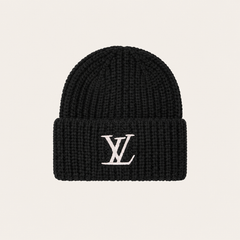 Black Monogram Ribbed Knit Beanie