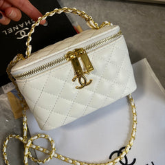 White Leather CC Quilted Cosmetic Bag